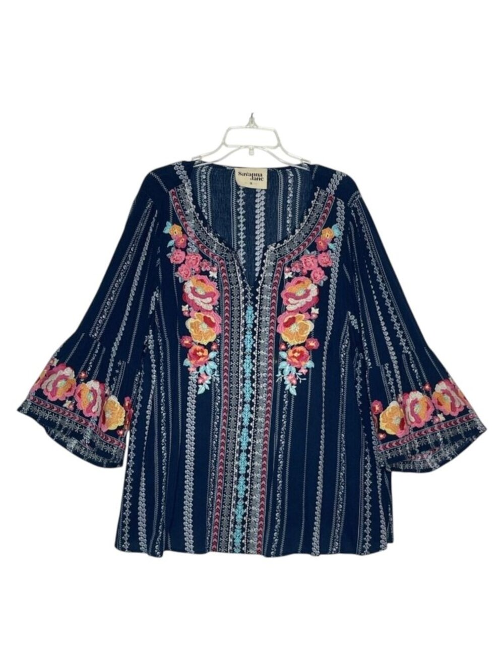 Savannah Jane 1X Relaxed Bohemian Tunic Flowy Floral Embroidery Bell Sleeves